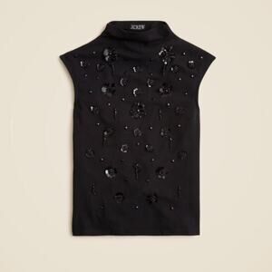 J. Crew Floral Embellishment Stretch Cotton-Blend Mockneck CF300 Black Sz XS NWT